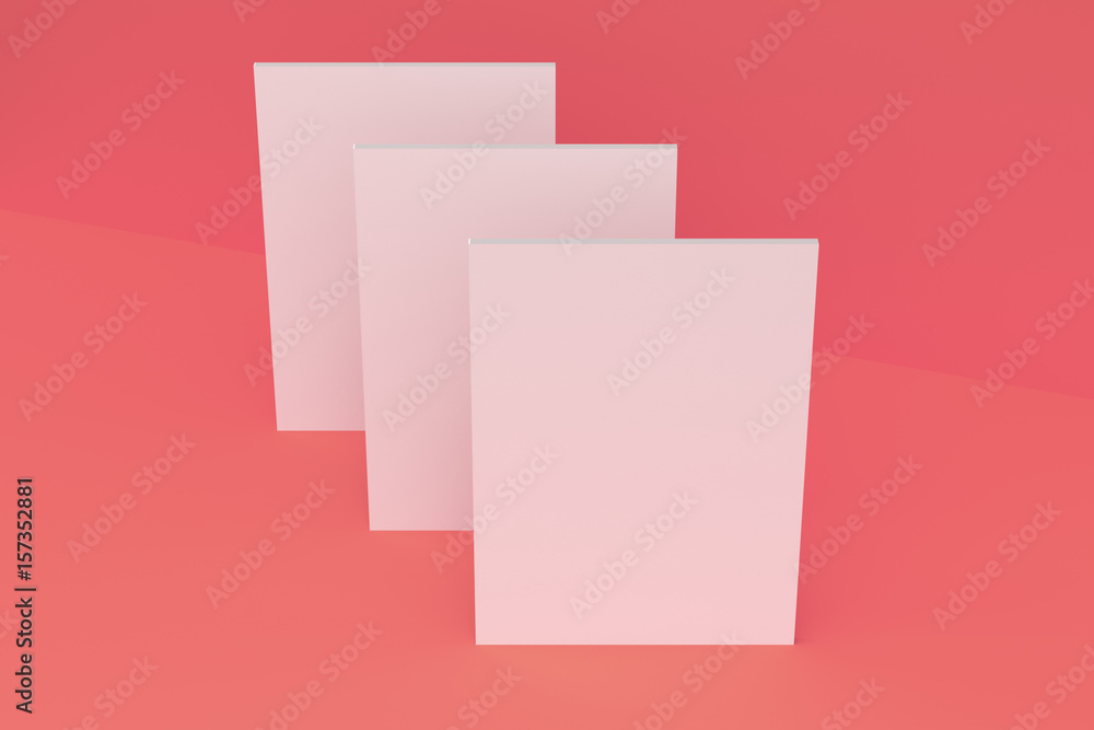 Three blank white closed brochure mock-up on red background Three blank white closed brochure mock-up on red background
