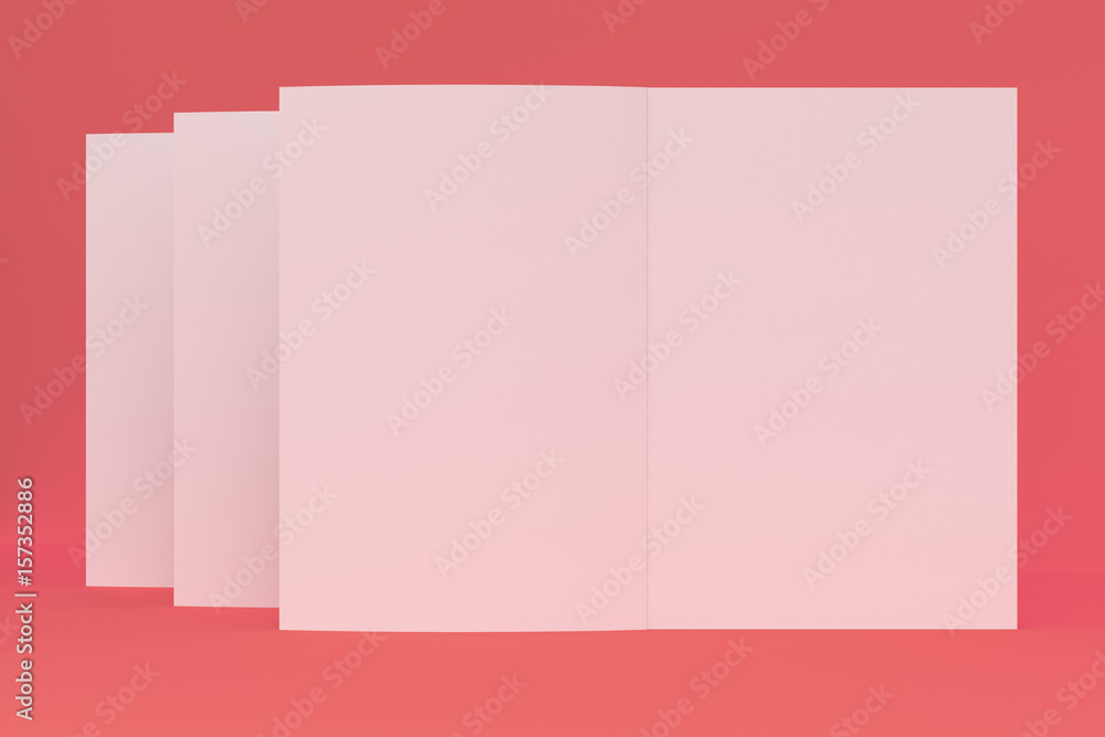 Three blank white open brochure mock-up on red background