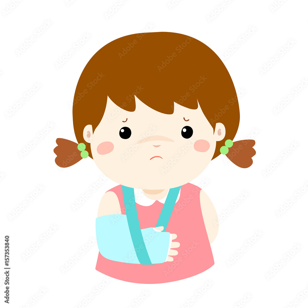 Cute girl hand bone broken from accident with arm splint vector . Cute girl hand bone broken from accident with arm splint vector .