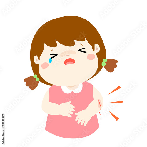 Crying girl with wounds from accident vector .