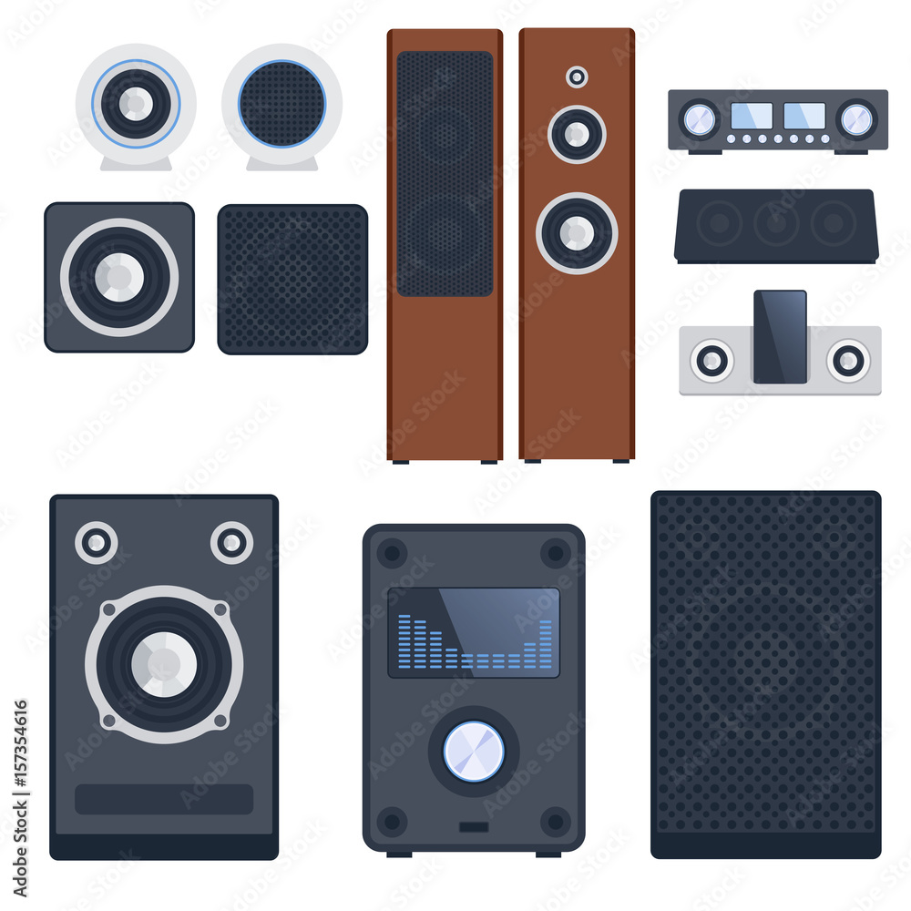 Obraz premium Home sound system stereo flat vector music loudspeakers player subwoofer equipment technology.