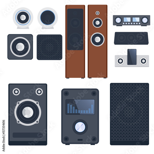 Home sound system stereo flat vector music loudspeakers player subwoofer equipment technology.