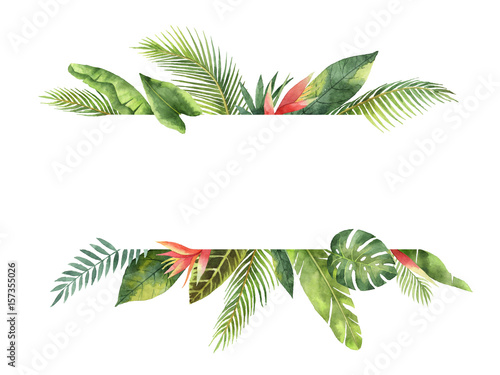 Watercolor banner tropical leaves and branches isolated on white background.