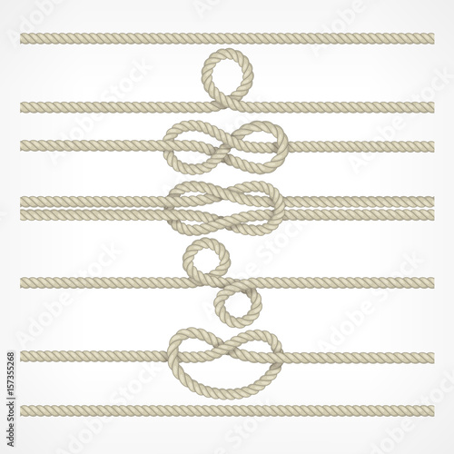 Set of different knots and loops on ropes white, nautical