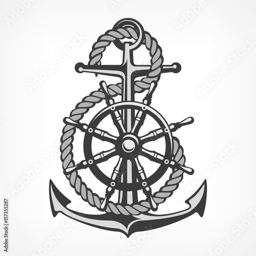 Anchor with rope and steering wheel, nautical symbols on white.