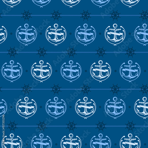 Nautical background with anchor, seamless blue pattern, marine.