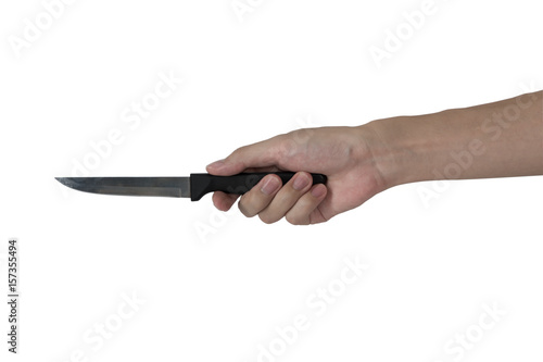 small kitchen knife in man hand isolated with white background