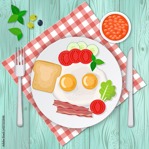 Vector illustration of omelette with bacon and vegetables.  Scrambled eggs breakfast.