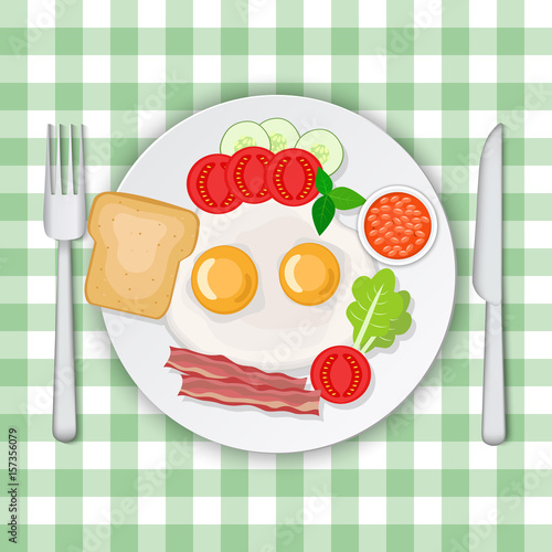 Vector illustration of omelette with bacon and vegetables.  Scrambled eggs breakfast.