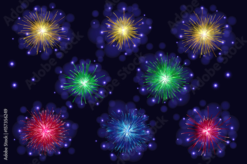 Set of multicolored sparkling vector fireworks