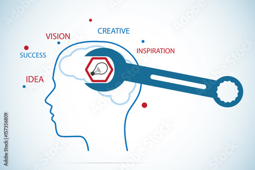 wrench screwing nut and light bulb icon on head outline, idea and business concept