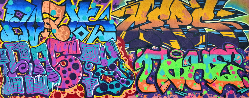 Obraz premium Sztuka pod ziemią. Piękny styl graffiti ulicznej sztuki. Ściana jest ozdobiona abstrakcyjną farbą do rysunków. Nowoczesna kulturalna kultura miejska młodzieży ulicy. Streszczenie stylowy obraz na ścianie