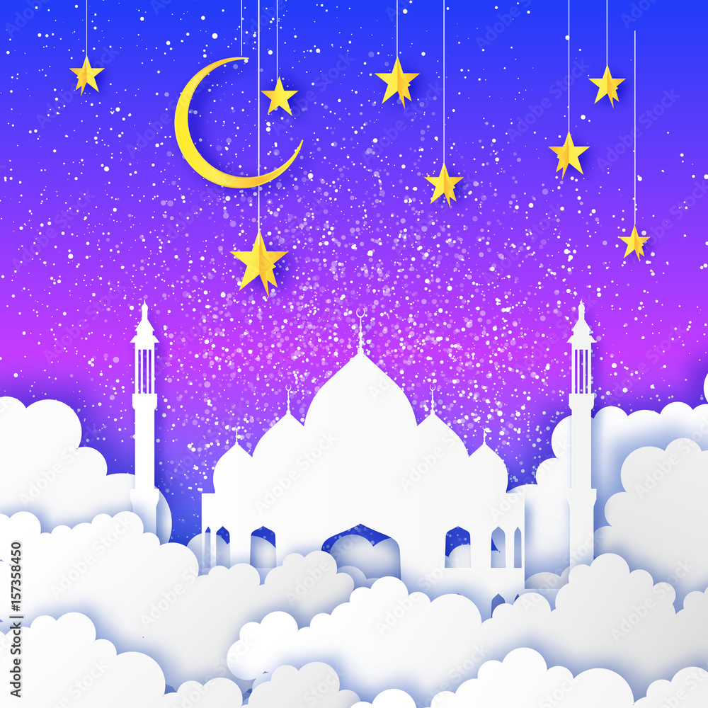 Ramadan Kareem. Arabic Mosque, gold stars, clouds in paper cut style. Crescent Moon. Night sky. Origami Greeting card. Blue background. Vector