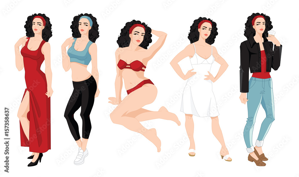 Obraz premium Vector illustration of woman character in different clothes and pose isolated on white background