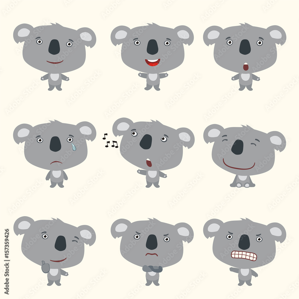 Obraz premium Set funny koala bear in different poses. Collection isolated koala bear in cartoon style for design children holiday and goods.
