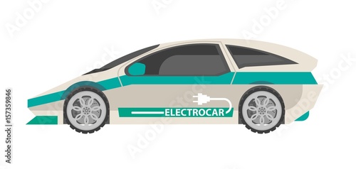 Modern white electrocar with turquoise stripes isolated illustration