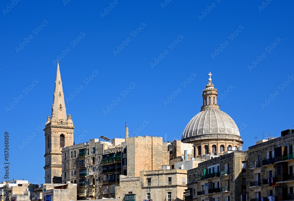View of St Pauls Anglican Cathedral and the Basilica of Our Lady of Mount Carmel, Valletta, Malta.
