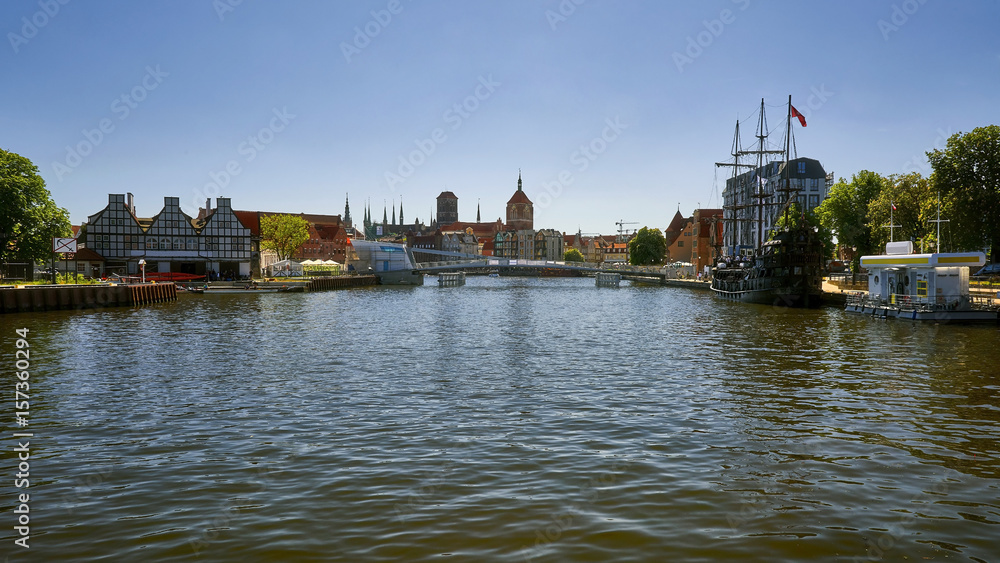 Fototapeta premium Gdansk old town, Poland. Footbridge through Motlawa under construction, 27 05 2017