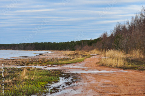 Road along the forest on the shore of the Ladoga lake