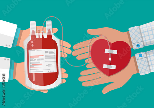 Blood bag and hand of donor with heart