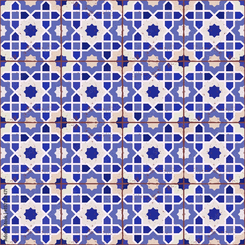 Islamic geometric seamless pattern, background in shades of blue, indigo