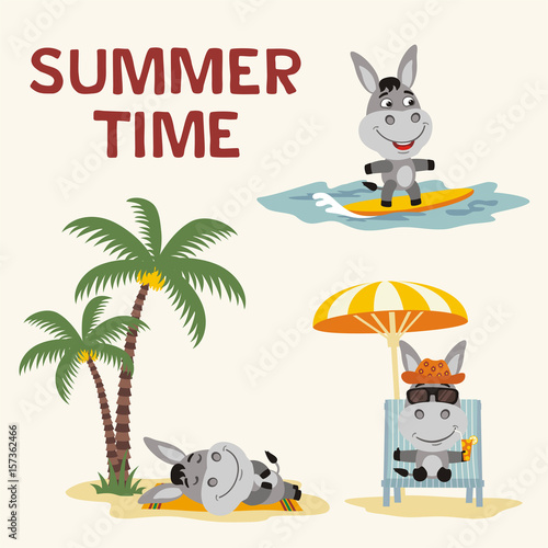 Summer time. Set happy donkey resting on beach. Collection cartoon donkey surfing, laying under palm tree, resting in sun lounger with cocktail.