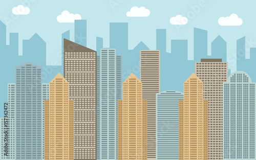 Vector urban landscape illustration. Street view with cityscape  skyscrapers and modern buildings at sunny day. City space in flat style background concept.  