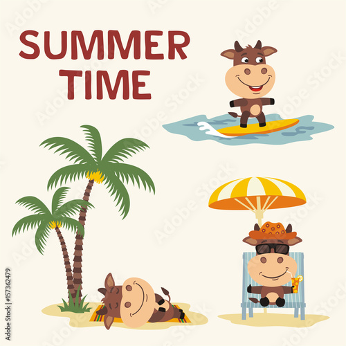 Summer time. Set happy cow resting on beach. Collection cartoon cow surfing, laying under palm tree, resting in sun lounger with cocktail.