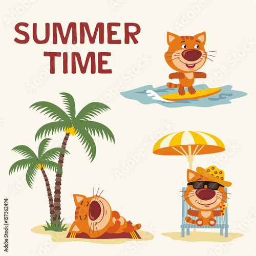 Summer time. Set happy kitten cat resting on beach. Collection cartoon kitten surfing, laying under palm tree, resting in sun lounger with cocktail.