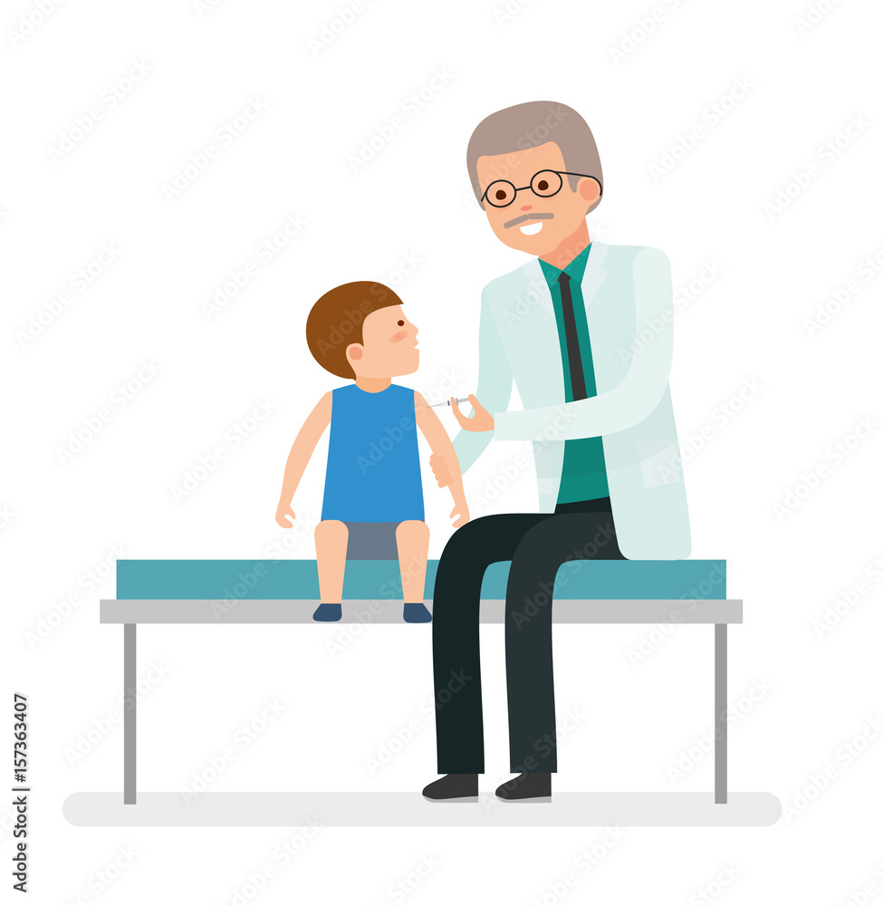 A visit to the doctor. Caring for the health of the child. Vaccination. The pediatrician makes a shot boy patient. Family doctor. Vector illustration in a flat style