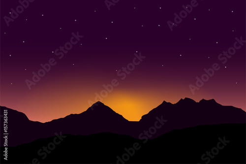 Vector panoramic illustration of sunrise over mountain landscape with dramatic purple sky with stars © Forgem