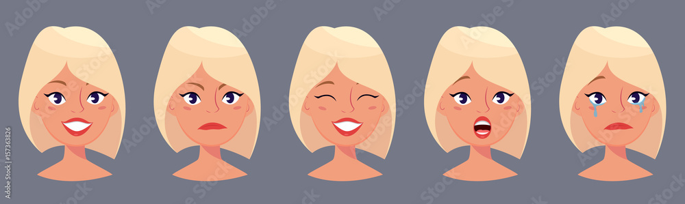 Young pretty blond woman, cute faces with different emotions. Cartoon beautiful girl. Avatar business woman. Vector illustration. Young pretty blond woman, cute faces with different emotions. Cartoon beautiful girl. Avatar business woman. Vector illustration.
