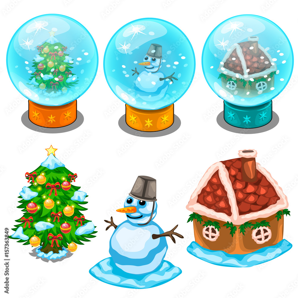 Glass balls, Christmas tree, snowman and house