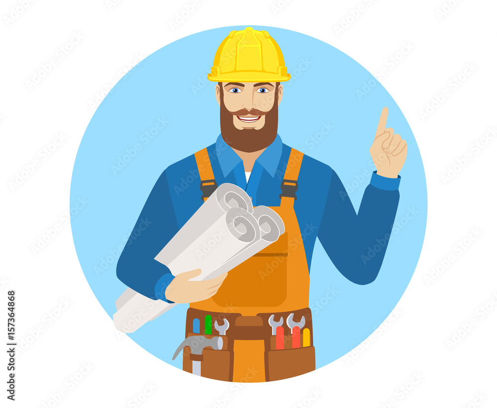 Worker holding the project plans and pointing up Worker holding the project plans and pointing up