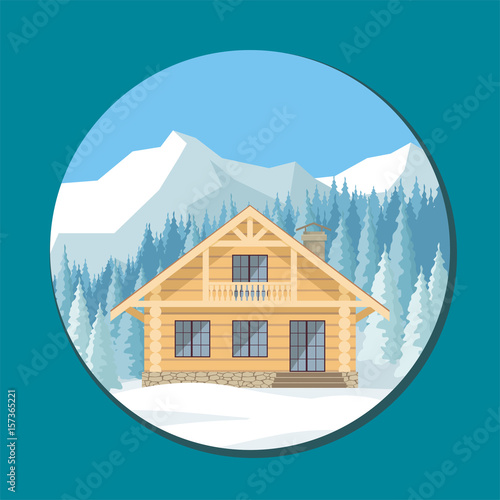 The image of a chalet in snowy mountains. Beautiful winter landscape. Vector background.