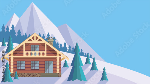 The image of a chalet in snowy mountains. Beautiful winter landscape. Vector background.