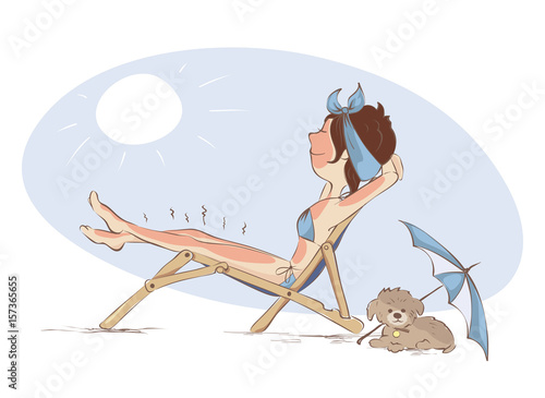 The girl was scorched in the sun / Young woman is sunbathing on a deck-chair,  funny vector illustration