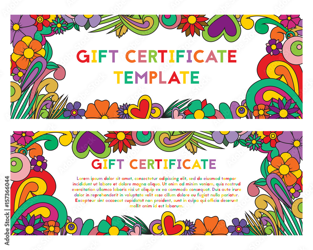 A gift certificate in zentangle style. Voucher with Zen tangle flower. Colorful greeting card.