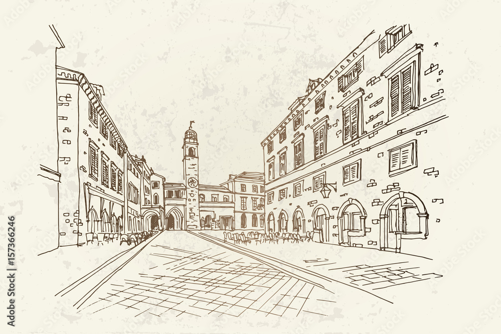 vector sketch of Sponza Palace - historic archive, Dubrovnik, Croatia. Retro style.