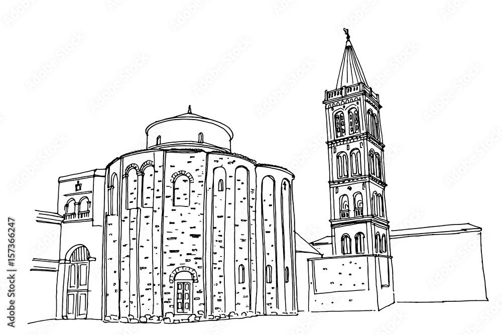 Fototapeta premium Vector sketch of church of St. Donat on the roman forum, Zadar, Croatia