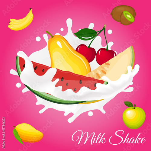 Splash of milk, caused by falling into set of fruits. Pear, melon, watermelon, apple, cherry, mango, banana, kiwi Isolated on a pink background.