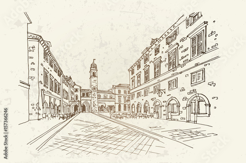 vector sketch of Sponza Palace - historic archive  Dubrovnik  Croatia. Retro style.