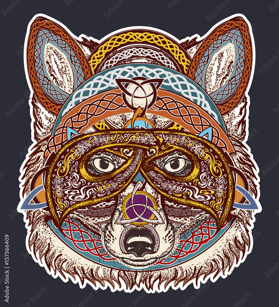 Fototapeta premium Fox color tattoo art. Fox viking in the celtic style, tattoo art. Wolf t-shirt design art animals. North tattoo. Animals in ethnic style vector