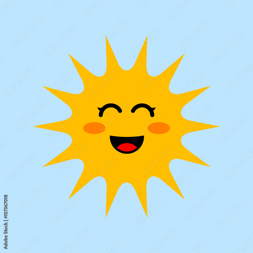Icono plano sol con risa kawaii en fondo azul Icono plano sol con risa kawaii en fondo azul