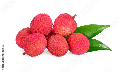 Sweet lychees fruits with leaves isolated on white background