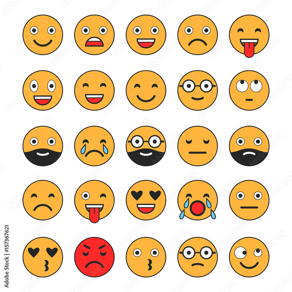Fototapeta premium Colored flat icons of emoticons. Smile with a beard, different emotions, moods.