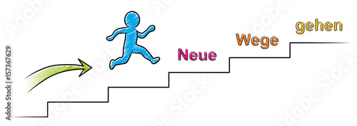 Männchen springt eine Treppe hoch: Neue Wege gehen / Vektor