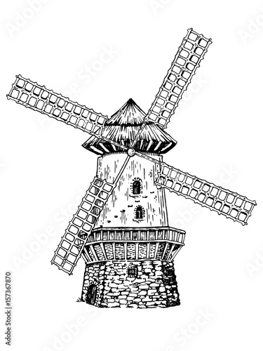 Old windmill engraving style vector illustration
