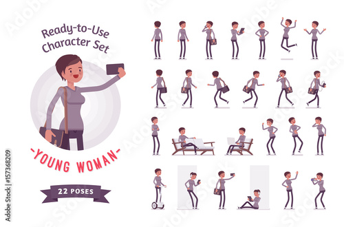 Ready-to-use young woman character set, various poses and emotions