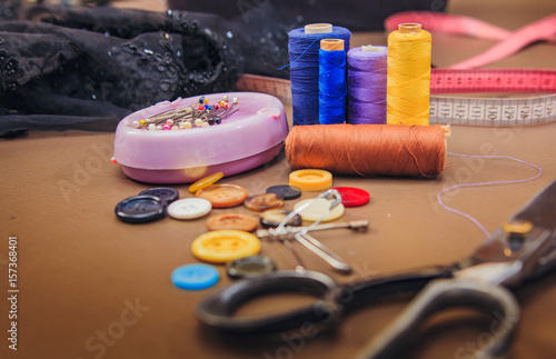 Clothing accessories,thread, scissors and measuring tape